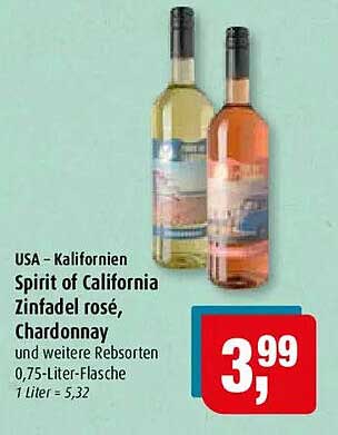 USA - Kalifornien Spirit of California Zinfandel rosé, Chardonnay und weitere Rebsorten 0,75-Liter-Flasche