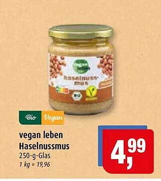 vegan leben Haselnussmus 250-g-Glas 1 kg = 19,96