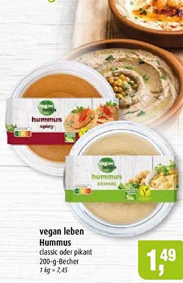 vegan leben Hummus classic oder pikant 200-g-Becher 1 kg = 7,45