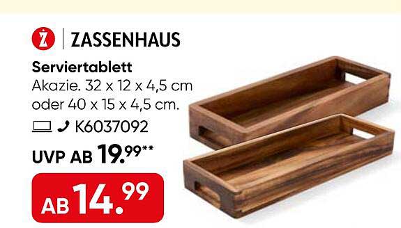 ZASSENHAUS Serviertablett Akazie 32 x 12 x 4,5 cm oder 40 x 15 x 4,5 cm. K6037092