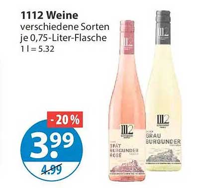 1112 Weine verschiedene Sorten je 0,75-Liter-Flasche 1 l = 5.32