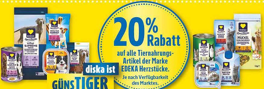 20% Rabatt auf alle Tiernahrungs-Artikel der Marke EDEKA Herzstücke.