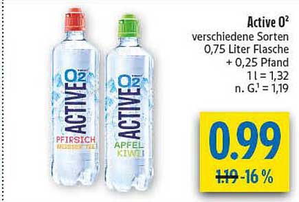 Active O² verschiedene Sorten 0,75 Liter Flasche + 0,25 Pfand