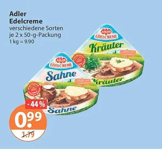 Adler Edelcreme verschiedene Sorten je 2 x 50-g-Packung 1 kg = 9.90