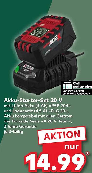 Akku-Starter-Set 20 V mit Li-Ion-Akku (4 Ah) »PAP 204« und Ladegerät (4,5 Ah) »PLG 20«, Akku kompatibel mit allen Geräten der Parkside-Serie »X 20 V Team«, 3 Jahre Garantie je 2-teilig