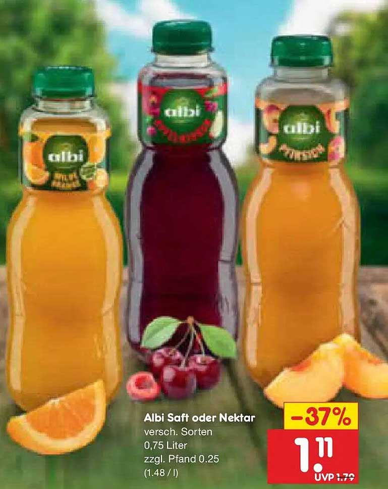 Albi Saft oder Nektar versch. Sorten 0,75 Liter zzgl. Pfand 0.25 (1.48 / l)