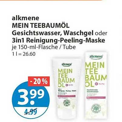 alkmene MEIN TEEBAUMÖL Gesichtswasser, Waschgel oder 3in1 Reinigung-Peeling-Maske je 150-ml-Flasche / Tube
