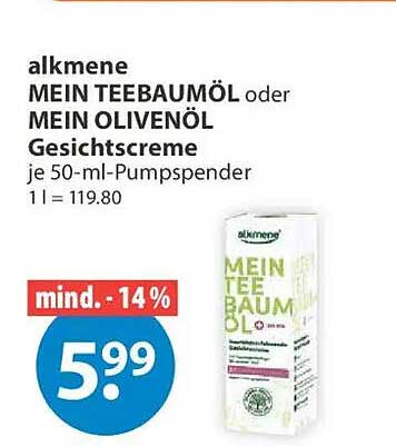 alkmene MEIN TEEBAUMÖL oder MEIN OLIVENÖL Gesichtscreme je 50-ml-Pumpspender 1 l = 119.80