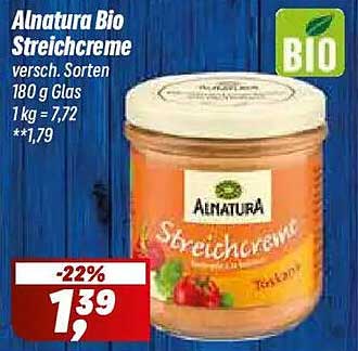 Alnatura Bio Streichcreme versch. Sorten 180 g Glas 1 kg = 7,72