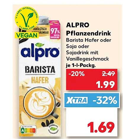 ALPRO Pflanzendrink Barista Hafer oder Soja oder Sojadrink mit Vanillegeschmack je 1-l-Pack.
