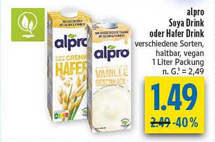 alpro Soya Drink oder Hafer Drink verschiedene Sorten, haltbar, vegan 1 Liter Packung n. G.