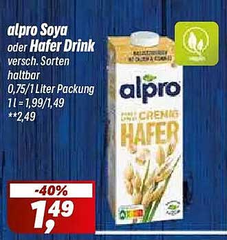 alpro Soya oder Hafer Drink versch. Sorten haltbar 0,75/l Liter Packung