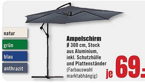 Ampelschirm Ø 300 cm, Stock aus Aluminium, inkl. Schutzhülle und Plattenständer (Farbauswahl marktabhängig)