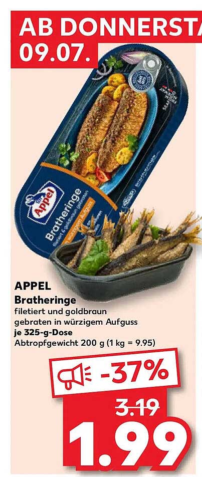APPEL Bratheringe filetiert und goldbraun gebraten in würzigem Aufguss je 325-g-Dose Abtropfgewicht 200 g (1 kg = 9.95)