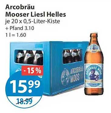 Arcobräu Mooser Liesl Helles je 20 x 0,5-Liter-Kiste + Pfand 3.10 1 l = 1.60