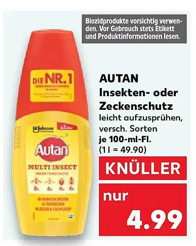 AUTAN Insekten- oder Zeckenschutz leicht aufzuspühen, versch. Sorten je 100-ml-Fl. (1 l = 49.90)