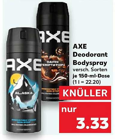AXE Deodorant Bodyspray versch. Sorten je 150-mL-Dose (1 l = 22.20)