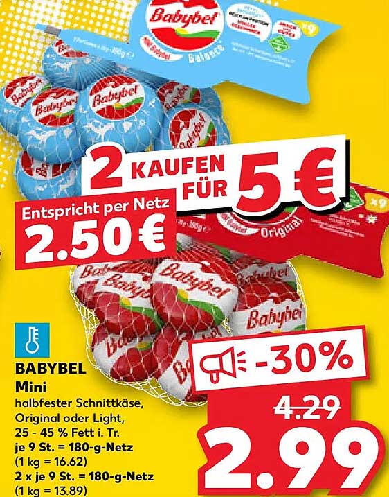 BABYBEL Mini halb fester Schnittkäse, Original oder Light, 25 - 45 % Fett i. Tr. je 9 St. = 180-g-Netz