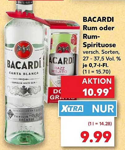 BACARDI Rum oder Rum-Spirituose versch. Sorten, 27 - 37,5 Vol. % je 0,7-l-Fl.