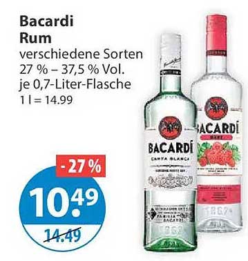 Bacardi Rum verschiedene Sorten 27 % – 37,5 % Vol. je 0,7-Liter-Flasche 1 l = 14.99