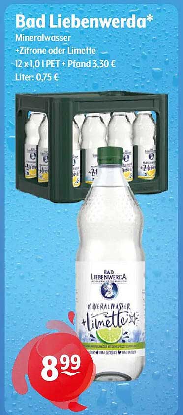 Bad Liebenwerda* Mineralwasser +Zitrone oder Limette 12 x 1,0 l PET + Pfand 3,30 € Liter: 0,75 €
