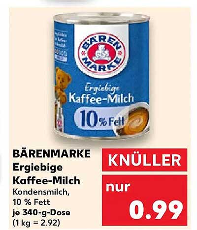 BÄRENMARKE Ergiebige Kaffee-Milch Kondensmilch, 10 % Fett, je 340-g-Dose (1 kg = 2.92)