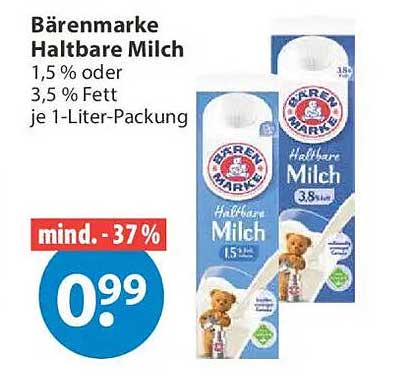 Bärenmarke Haltbare Milch 1,5 % oder 3,5 % Fett je 1-Liter-Packung