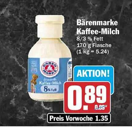 Bärenmarke Kaffee-Milch 8/3 % Fett 170 g Flasche (1 kg = 5.24)