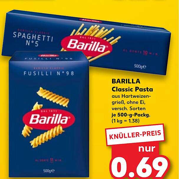 BARILLA Classic Pasta aus Hartweizengrieß, ohne Ei, versch. Sorten je 500-g-Packg. (1 kg = 1,38)