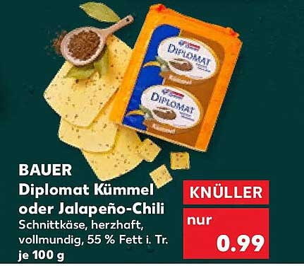 BAUER Diplomat Kümmel oder Jalapeño-Chili Schnittkäse, herzhaft, vollmundig, 55 % Fett i. Tr. je 100 g