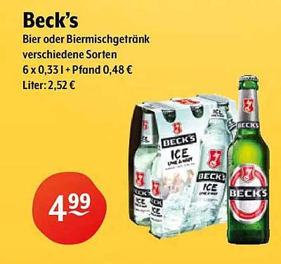 Beck's Bier oder Biermischgetränk verschiedene Sorten 6 x 0,33l + Pfand 0,48 € Liter: 2,52 €