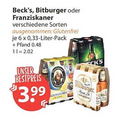 Beck's, Bitburger oder Franziskaner verschiedene Sorten ausgenommen: Glutenfrei je 6 x 0,33-Liter-Pack + Pfand 0.48 1 l = 2.02