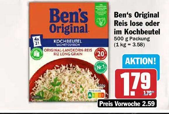 Ben’s Original Reis lose oder im Kochbeutel 500 g Packung (1 kg = 3.58)
