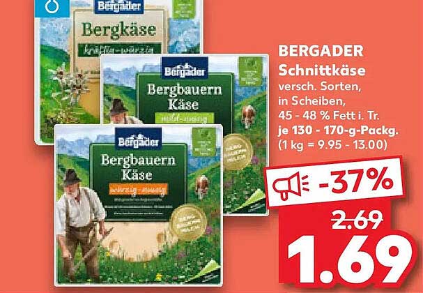 BERGADER Schnittkäse versch. Sorten, in Scheiben, 45 - 48 % Fett i. Tr. je 130 - 170-g-Packg. (1 kg = 9.95 - 13.00)