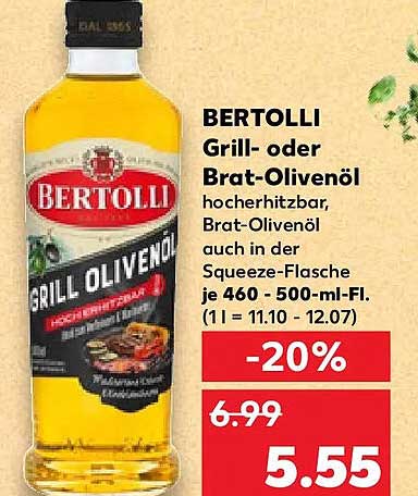 BERTOLLI Grill- oder Brat-Olivenöl hochhitzbar, Brat-Olivenöl auch in der Squeeze-Flasche, je 460 - 500-ml-Fl.