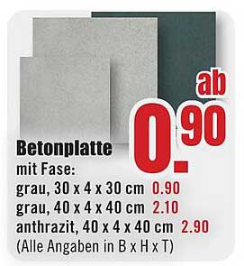 Betonplatte mit Fase: grau, 30 x 4 x 30 cm, grau, 40 x 4 x 40 cm, anthrazit, 40 x 4 x 40 cm