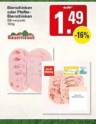 Bierschinken oder Pfeffer-Bierschinken SB-verpackt 100g