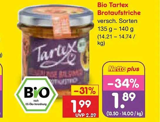 Bio Tartex Brotaufstriche versch. Sorten 135 g - 140 g (14.21 - 14.74 / kg)