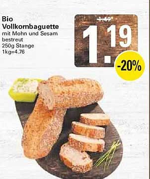 Bio Vollkornbaguette mit Mohn und Sesam bestreut 250g Stange 1kg=4.76