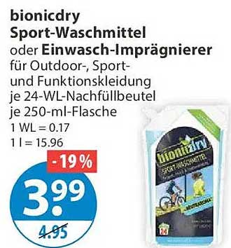 bionicdry Sport-Waschmittel oder Einwasch-Imprägnierer für Outdoor-, Sport- und Funktionskleidung je 24-WL-Nachfüllbeutel je 250-ml-Flasche
