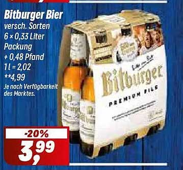 Bitburger Bier versch. Sorten 6 x 0,33 Liter Packung + 0,48 Pfand