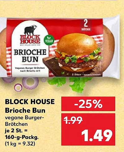 BLOCK HOUSE Brioche Bun vegane Burger-Brötchen je 2 St. = 160-g-Packg. (1 kg = 9.32)