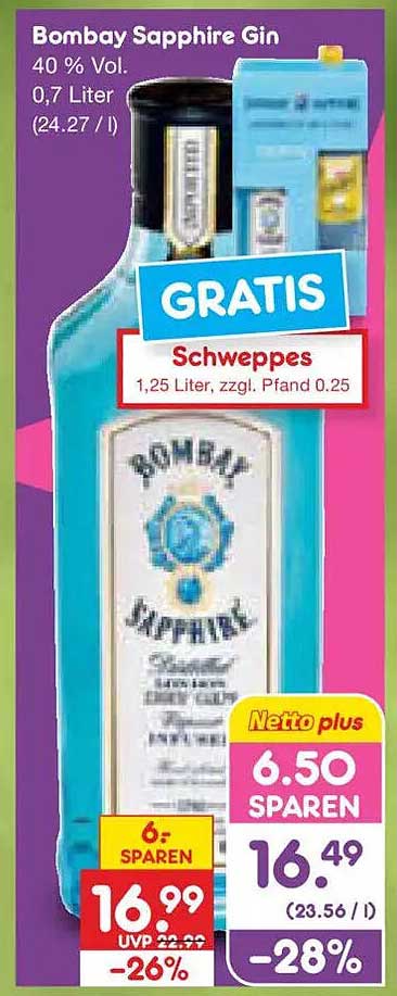 Bombay Sapphire Gin 40 % Vol. 0,7 Liter (24.27 / l) GRATIS Schweppes 1,25 Liter, zzgl. Pfand 0.25