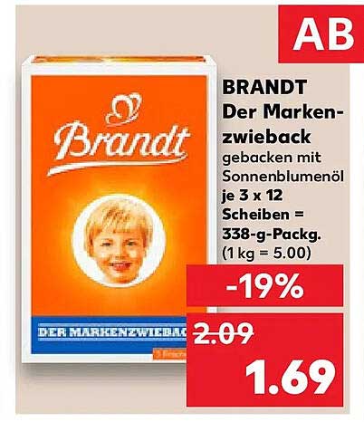 BRANDT Der Marken-zwieback gebacken mit Sonnenblumenöl je 3 x 12 Scheiben = 338-g-Packg. (1 kg = 5.00)