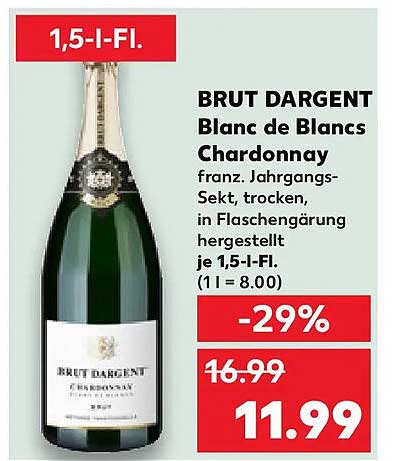 BRUT DARGENT Blanc de Blancs Chardonnay franz. Jahrgangs-Sekt, trocken, in Flaschengärung hergestellt je 1,5-l-Fl. (1 l = 8.00)