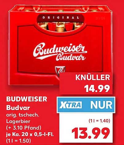 BUDWEISER Budvar orig. tschech. Lagerbier (+ 3.10 Pfand) Je 20 x 0,5-l-Fl. (1 l = 1.50)