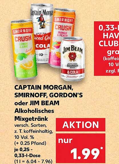 CAPTAIN MORGAN, SMIRNOFF, GORDON'S oder JIM BEAM Alkoholisches Mixgetränk