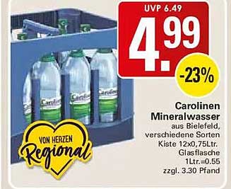 Carolinens Mineralwasser aus Bielefeld, verschiedene Sorten, Kiste 12x0,75 Ltr. Glasflasche