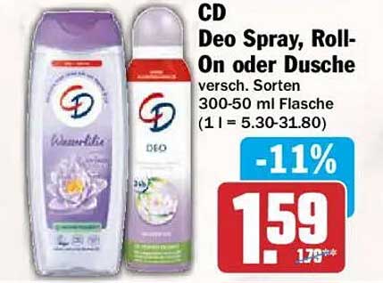 CD Deo Spray, Roll-On oder Dusche versch. Sorten 300-50 ml Flasche (1 l = 5.30-31.80)