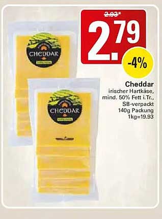Cheddar irischer Hartkäse, mind. 50% Fett i.Tr., SB-verpackt, 140g Packung